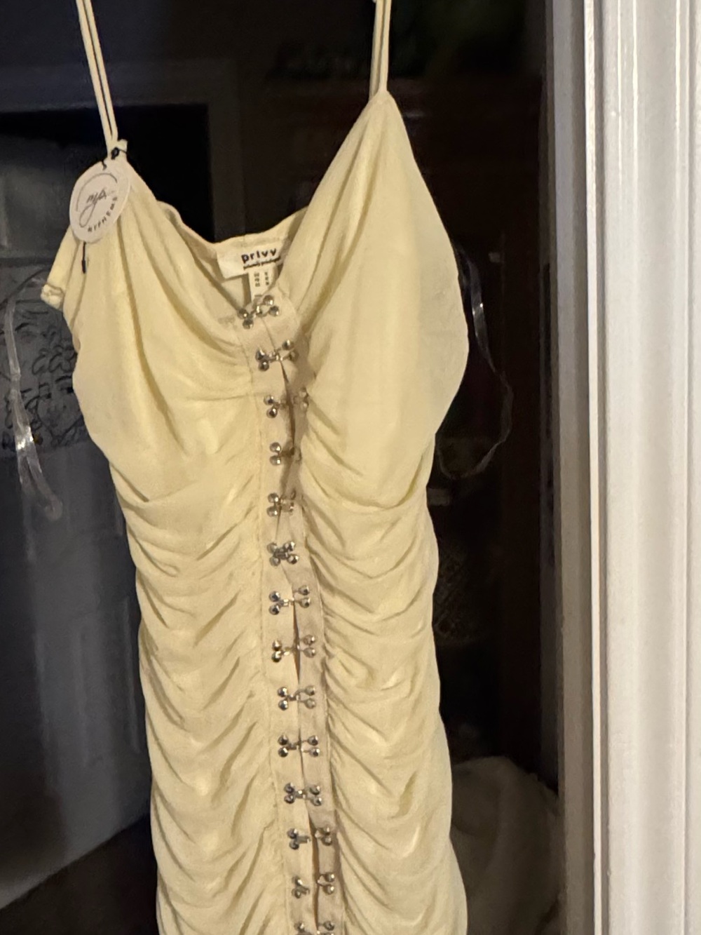 Ruched Lace-Up Spaghetti Strap Mini Dress in Pale Yellow NWTs
